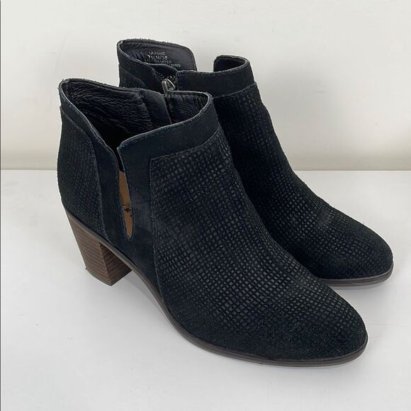 Lucky Brand Women's 7.5 Ankle Boots Black Grained Suede Wood Block Heel Casual - Picture 1 of 8